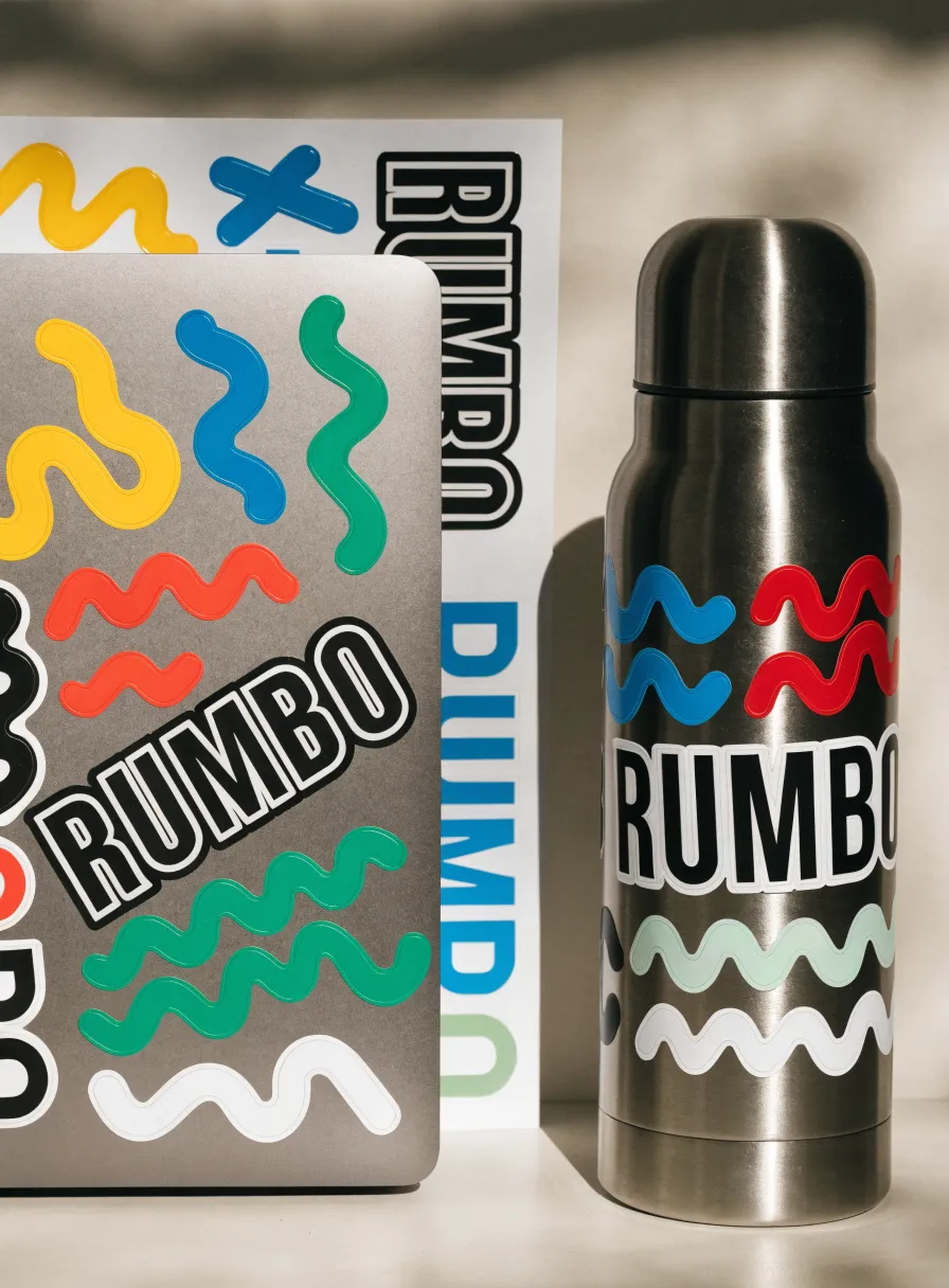 stickers de vinil troquelado a todo color, con garabatos y el nombre Rumbo, pegados sobre una laptop gris y un termo de acero, con una hoja kiss-cut recargada atrás