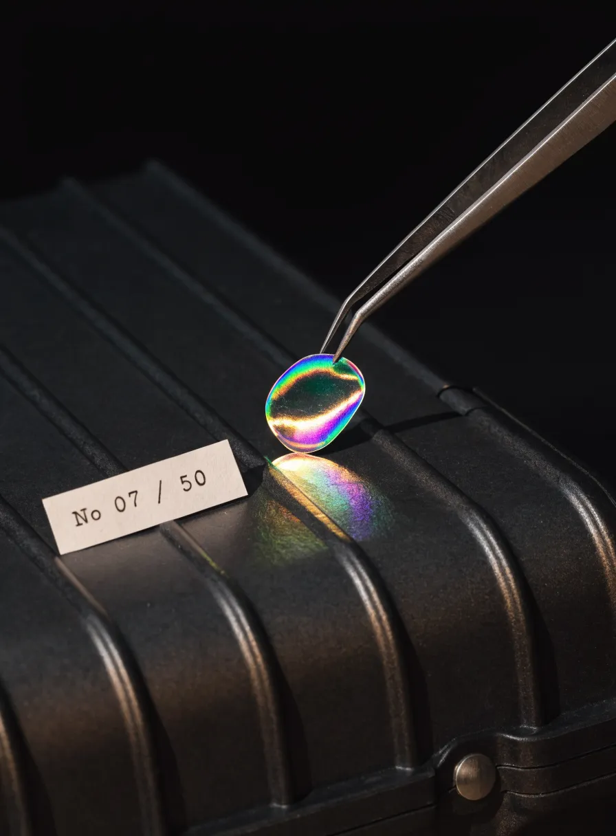 un transfer holográfico iridiscente aplicado con pinzas sobre una tapa negra mate, junto a una papeleta numerada No 07 barra 50, en luz de dark-field