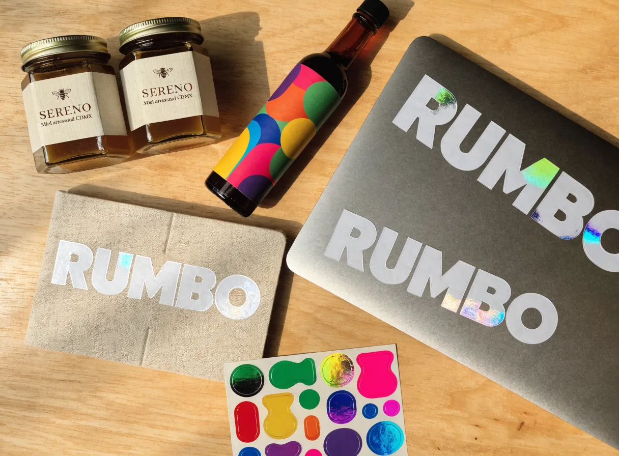 mesa de una marca pequeña vestida por sus stickers y etiquetas: dos frascos de miel Sereno con etiqueta y emblema dorado, una botella con etiqueta a color, una bolsa de tela y una laptop gris con letras troqueladas holográficas Rumbo, y una hoja de stickers a color