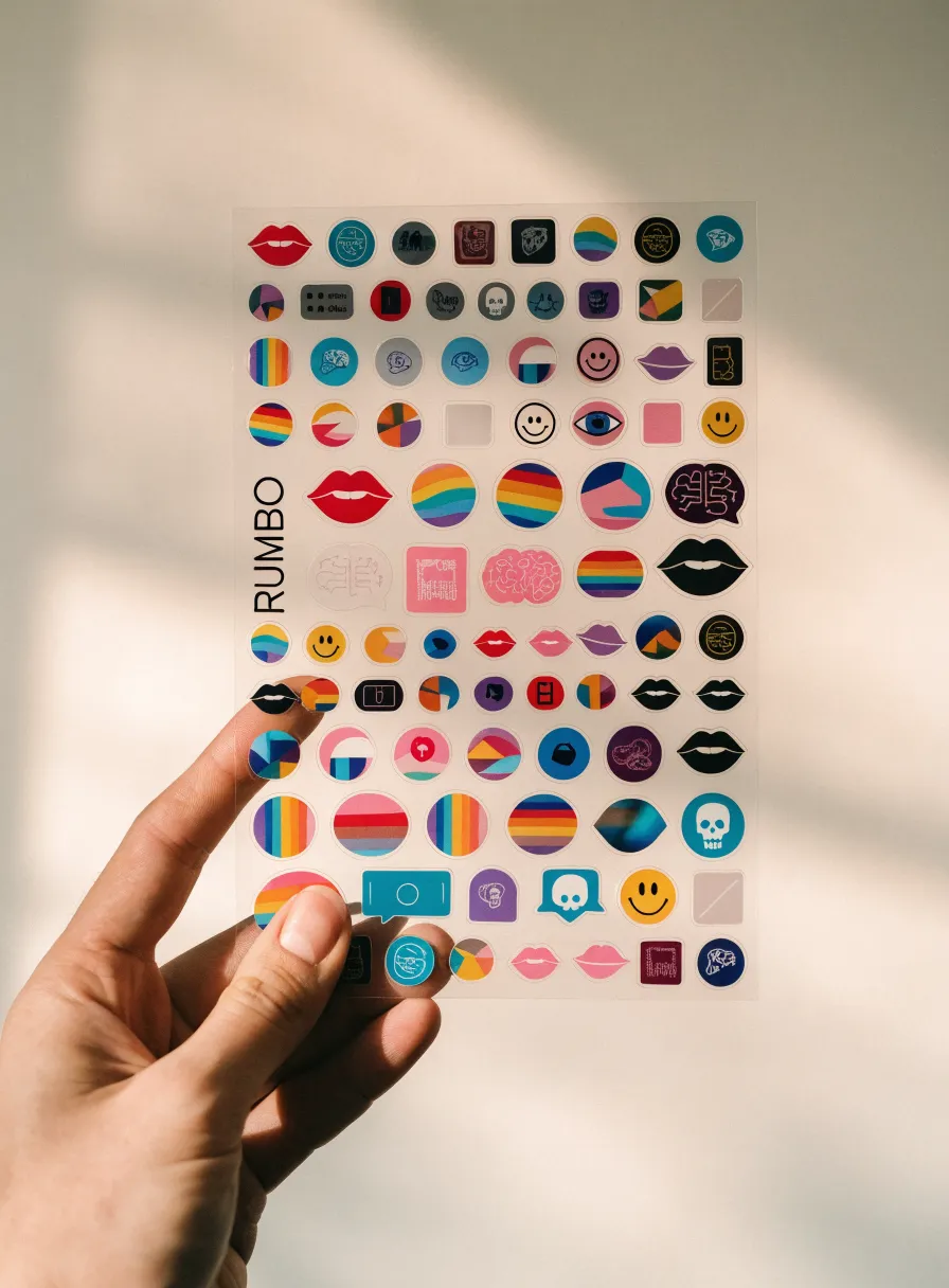 hoja kiss-cut de vinil transparente sostenida en mano, con muchos íconos a color y algunos holográficos, marca ficticia Rumbo