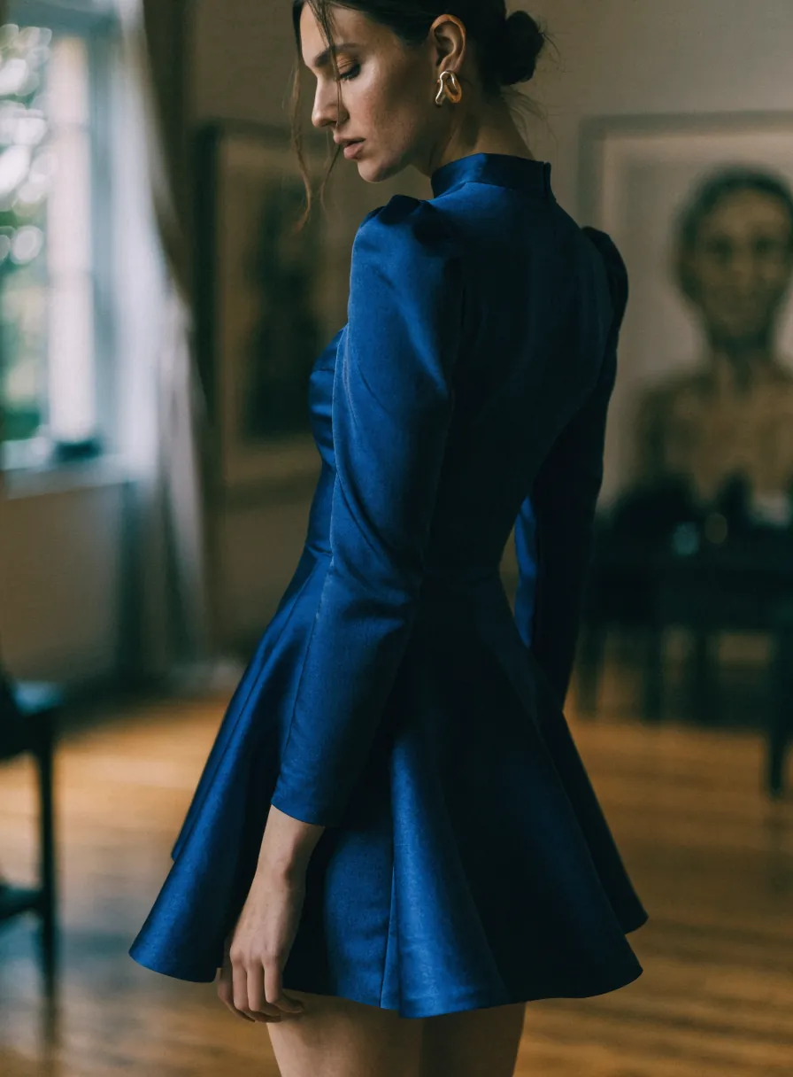 mujer con un vestido azul rey hecho a la medida, de hombros estructurados y falda amplia, en una galería de arte con luz cálida de tarde