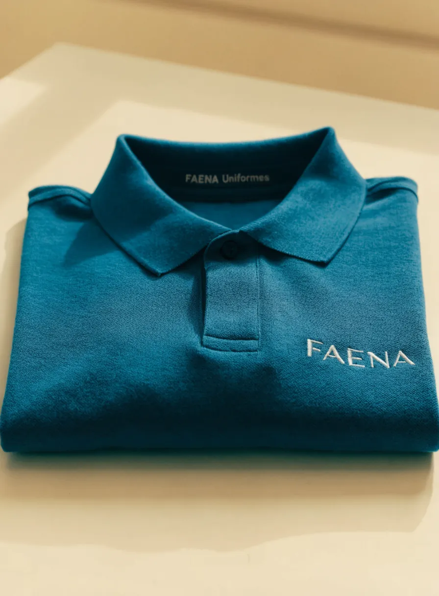 polo corporativo tipo piqué en color petróleo con el nombre FAENA bordado en hilo satinado al pecho