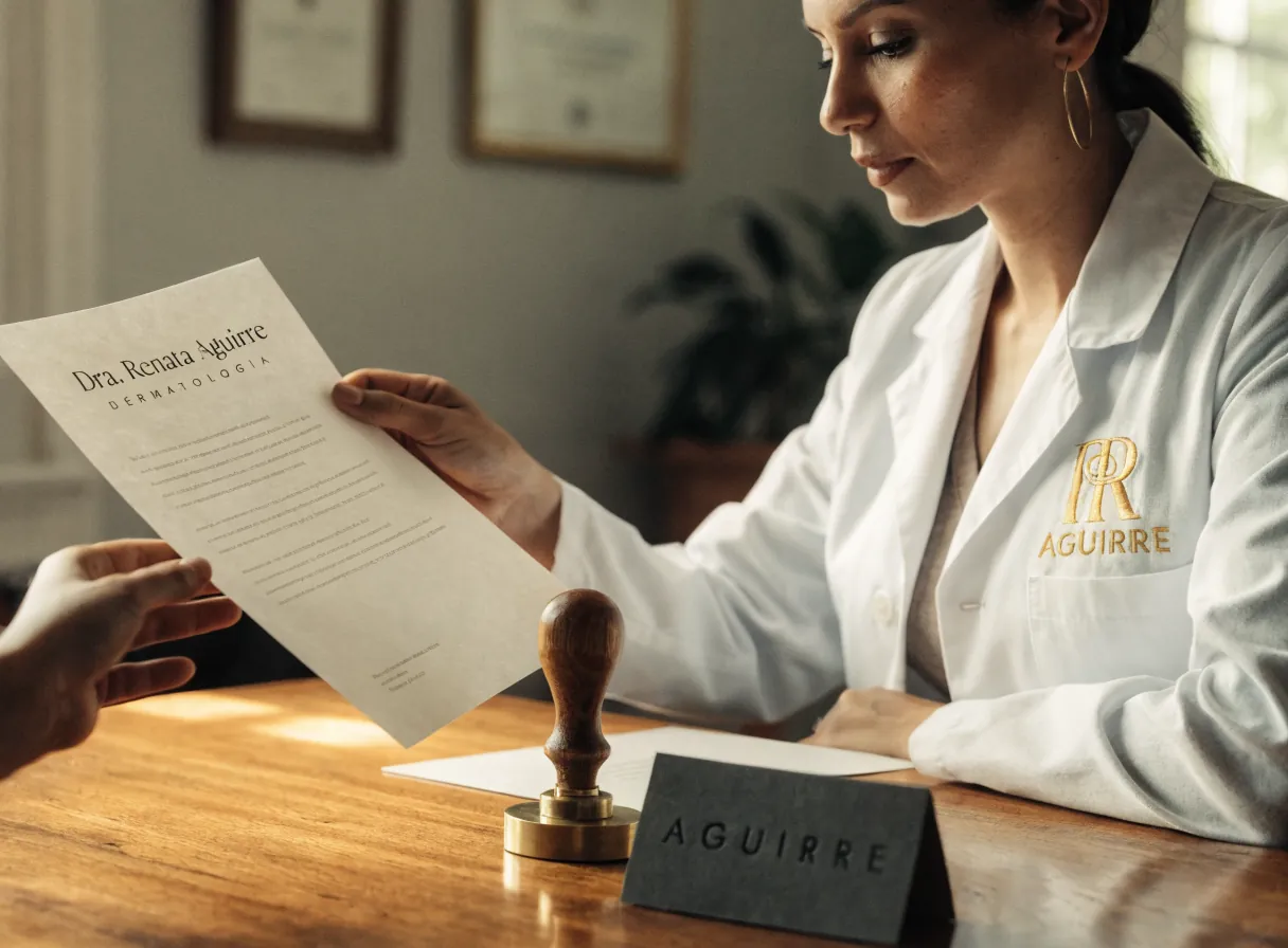 una dermatóloga con bata blanca bordada entrega una receta membretada de papel de algodón con el nombre Dra. Renata Aguirre y la palabra Dermatología a la mano de un paciente, sobre un escritorio de madera cálida con un sello de latón y una tarjeta de la práctica en primer plano