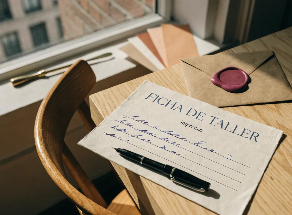 Ficha de taller de imprecxo sobre un escritorio de atelier junto a la ventana, con las primeras líneas escritas a mano en tinta azul, una pluma fuente encima y un sobre kraft cerrado con lacre de cera magenta