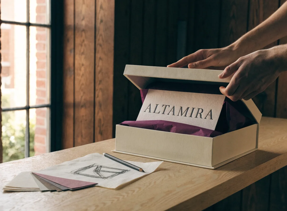 dos manos levantan la tapa de una caja rígida color hueso sobre una mesa de roble junto a la ventana, con papel de seda magenta y una tarjeta impresa en relieve que dice ALTAMIRA adentro, y en la misma mesa la servilleta con el boceto a lápiz de esa marca, el lápiz y un abanico de muestras de papel