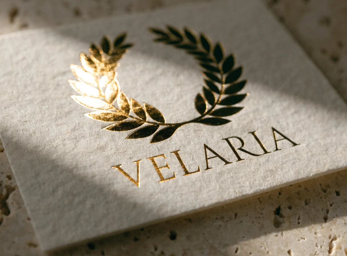 Tarjeta de algodón crema con una corona de laurel y el nombre VELARIA estampados en foil dorado, la luz rasante encendiendo la rama izquierda en oro espejo mientras la rama derecha se hunde en bronce oscuro