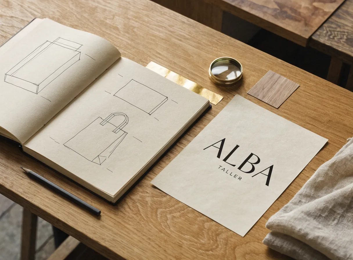 Sobre una mesa de roble, un cuaderno abierto con tres bocetos a lápiz de una caja, una tarjeta y una bolsa de papel, junto a una hoja impresa con la marca ALBA TALLER, una lupa de latón, una tira de foil dorado y un cuadro de chapa de nogal