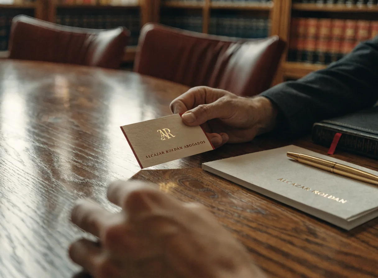 una mano entrega una tarjeta de presentación de algodón grueso con el monograma dorado AR y el nombre Alcázar Roldán Abogados sobre una mesa de juntas de nogal, junto a una carpeta membretada