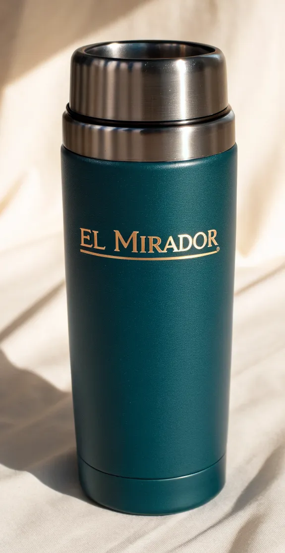 termo de acero teal con la marca ficticia El Mirador grabada en dorado y tapa hermética