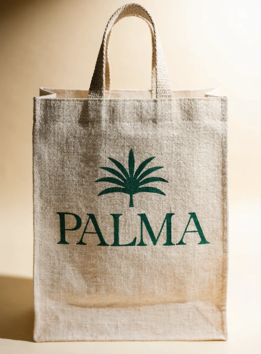 bolsa de tela natural con asas tejidas y un emblema de palma serigrafiado en verde a una tinta