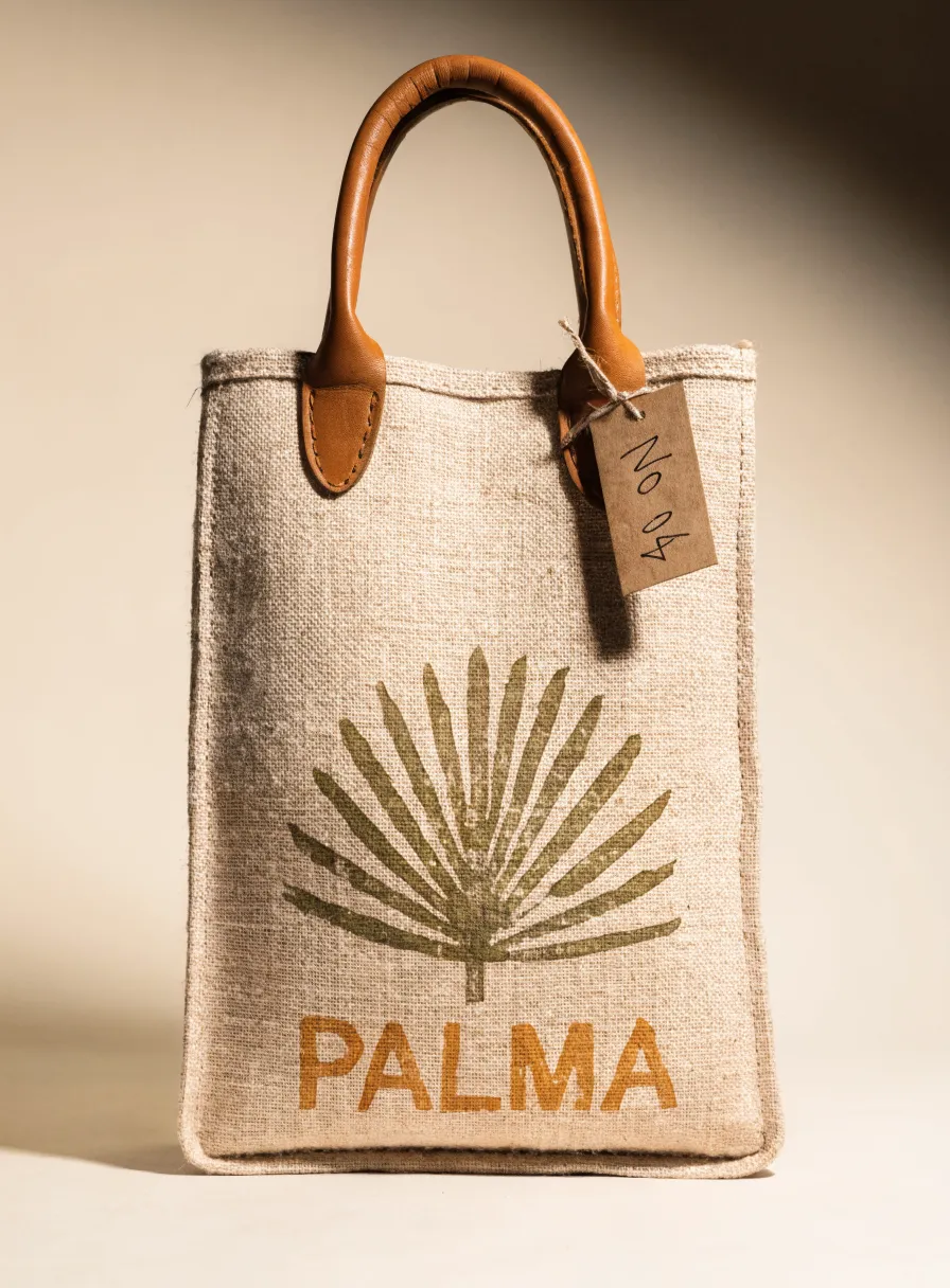 bolsa de yute natural con asas de piel, un emblema de hoja de palma impreso y un colgante numerado