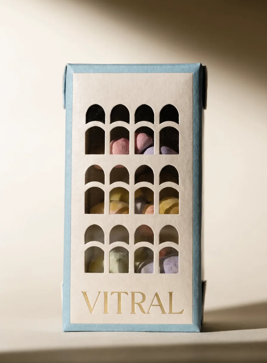 estuche de charola azul cielo de la marca Vitral, con un frente calado en arcos troquelados que deja ver el producto adentro y el nombre en foil oro