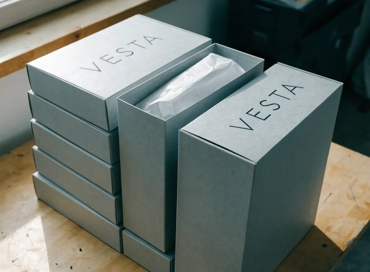 cajas rígidas idénticas en cartón gris mate con la palabra Vesta impresa en una tinta plana sobre la tapa, apiladas en la mesa de empaque del taller