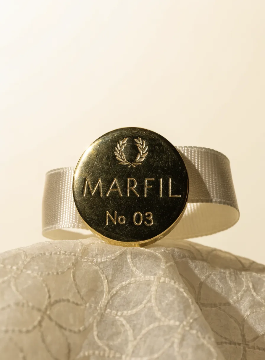 broche redondo de latón dorado grabado con un emblema de laurel, la marca MARFIL y el número 03, apoyado sobre papel calado color crema con un listón de grosgrain marfil detrás