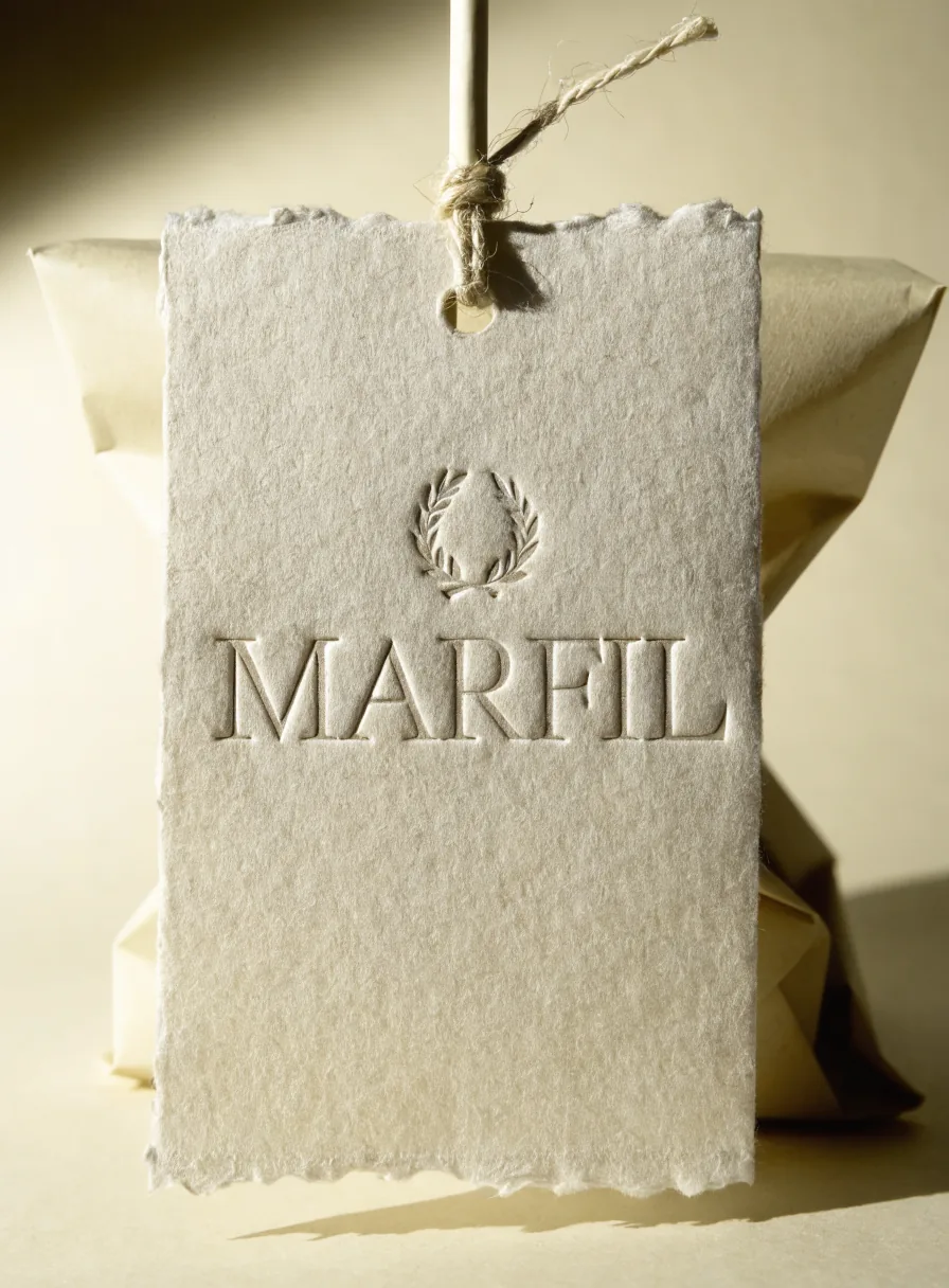 etiqueta colgante de papel de algodón con canto deckle, la marca MARFIL y un emblema de laurel en deboss ciego, atada con cordón a un paquete de papel kraft