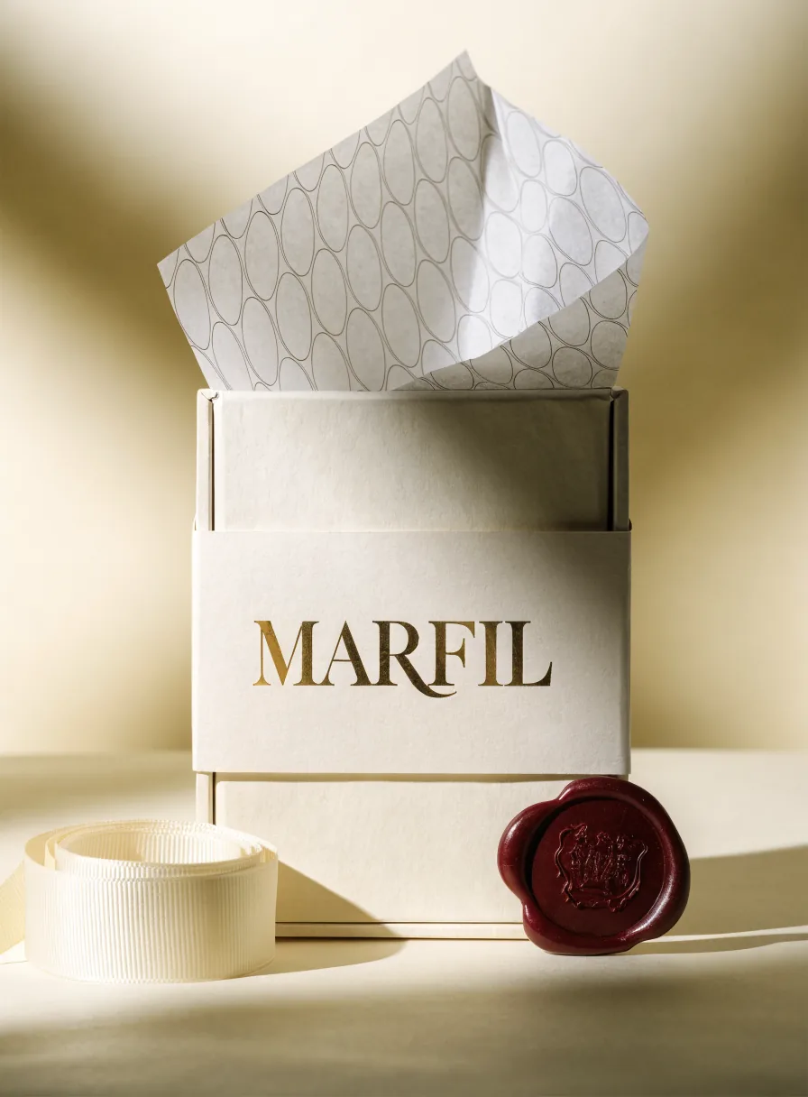 caja rígida color marfil abierta con papel china de patrón sutil saliendo por arriba, una fajilla con la marca Marfil en foil oro cruzando la caja, un sello de lacre color vino con un emblema en relieve y un carrete de listón marfil, sobre una superficie color crema
