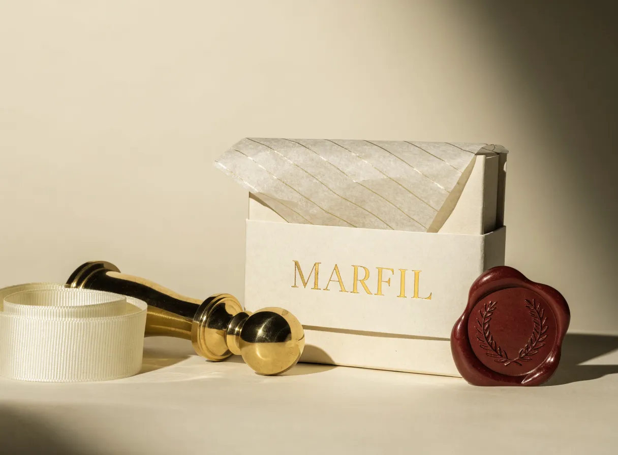 caja color marfil con la marca MARFIL en foil oro, abierta y con papel china de finas rayas doradas saliendo por arriba, junto a un carrete de listón de grosgrain marfil, un mango de latón para sellar y un sello de lacre color vino con un emblema de laurel en relieve, sobre una superficie color crema