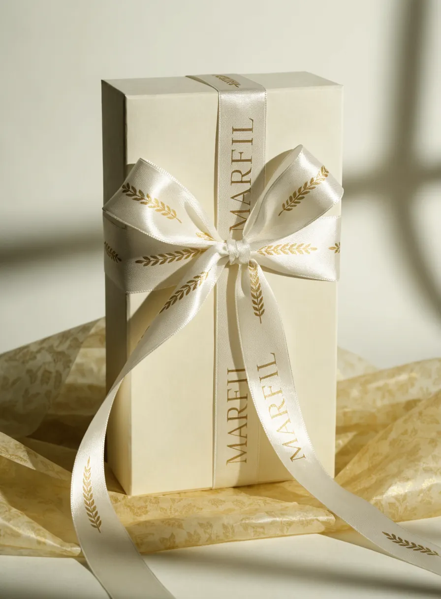 listón de satín color marfil impreso en oro con la marca MARFIL y ramas de laurel, cruzado y atado en moño sobre una caja crema con papel china dorado