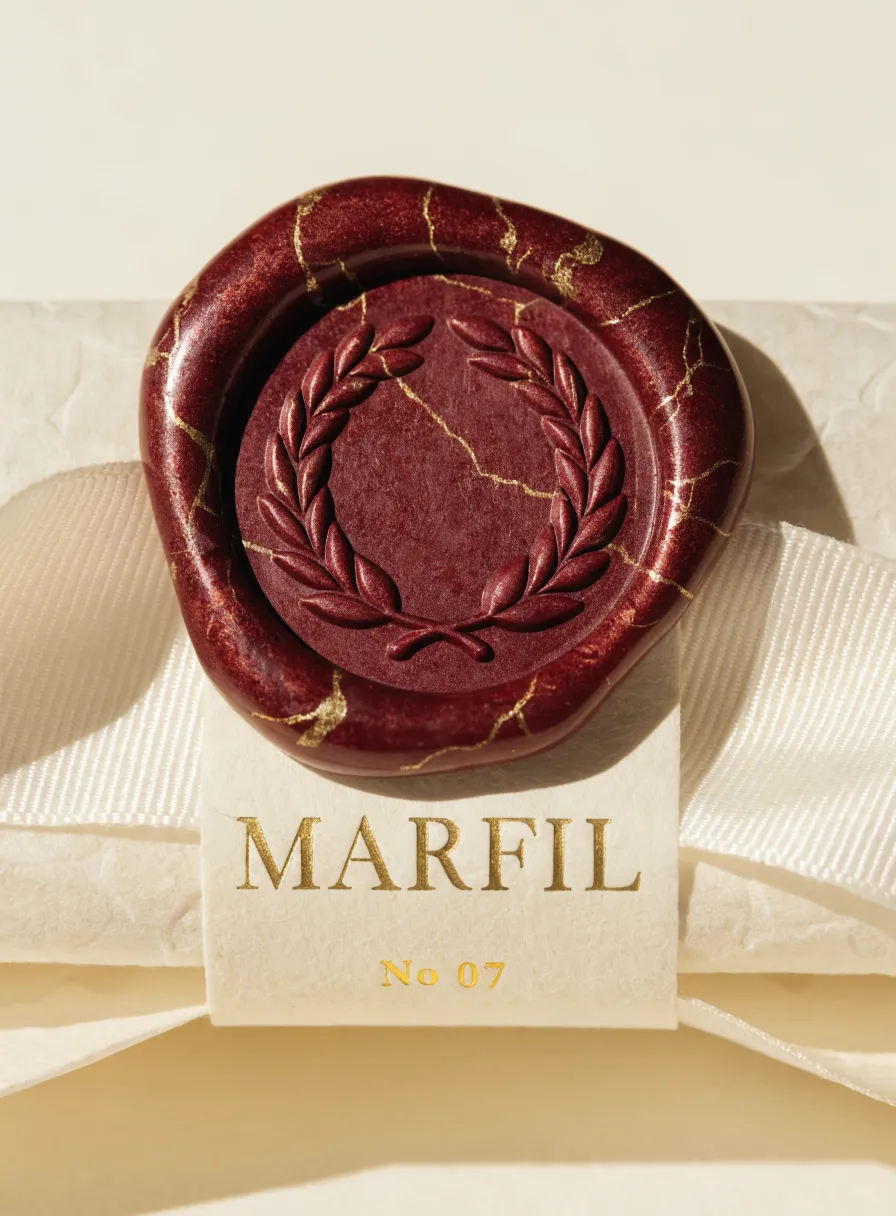 sello de lacre color vino con vetas doradas tipo mármol y un emblema de laurel en relieve, sobre una fajilla color crema con la marca MARFIL en foil oro y el número 07