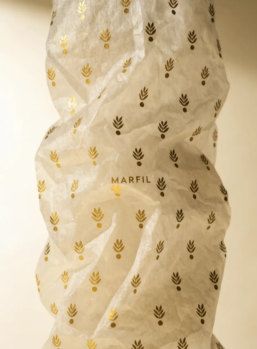 papel de seda color marfil con un patrón de hojas doradas repetido y la marca MARFIL impresa, envolviendo el contenido de una caja