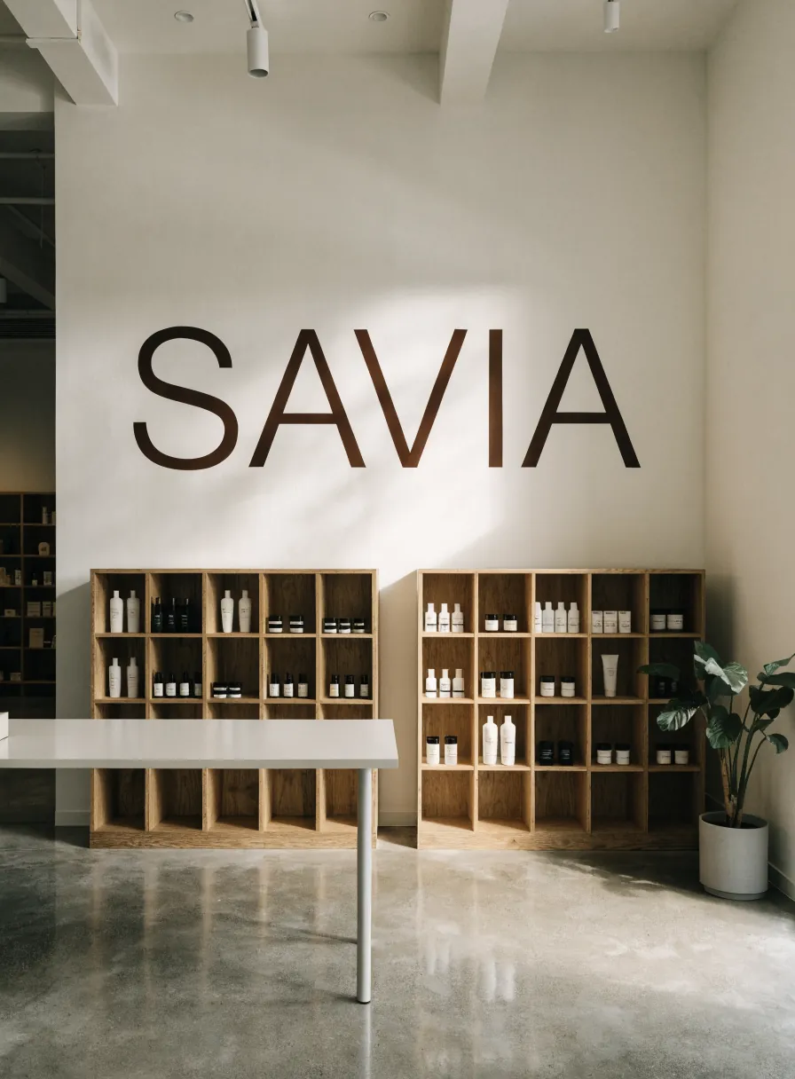 interior de una tienda resuelta con la marca en letras planas sobre un muro crema y repisas de roble ordenadas