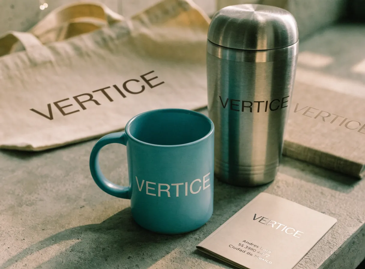 set de regalo corporativo de la marca ficticia Vertice, con una taza de cerámica teal, un termo de acero, un tote de lona natural y una tarjeta de presentación, sobre una superficie de concreto con luz de día