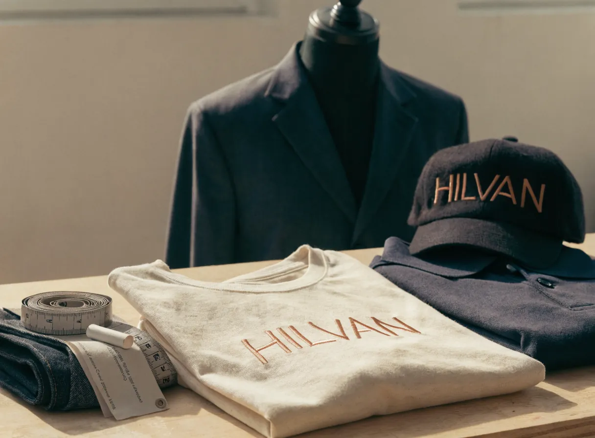 una playera de algodón crema doblada con el nombre HILVAN bordado en hilo de cobre, junto a una gorra y un saco azul marino de la misma marca sobre una mesa de taller, con una cinta métrica de sastre enrollada y un patrón de papel a un lado