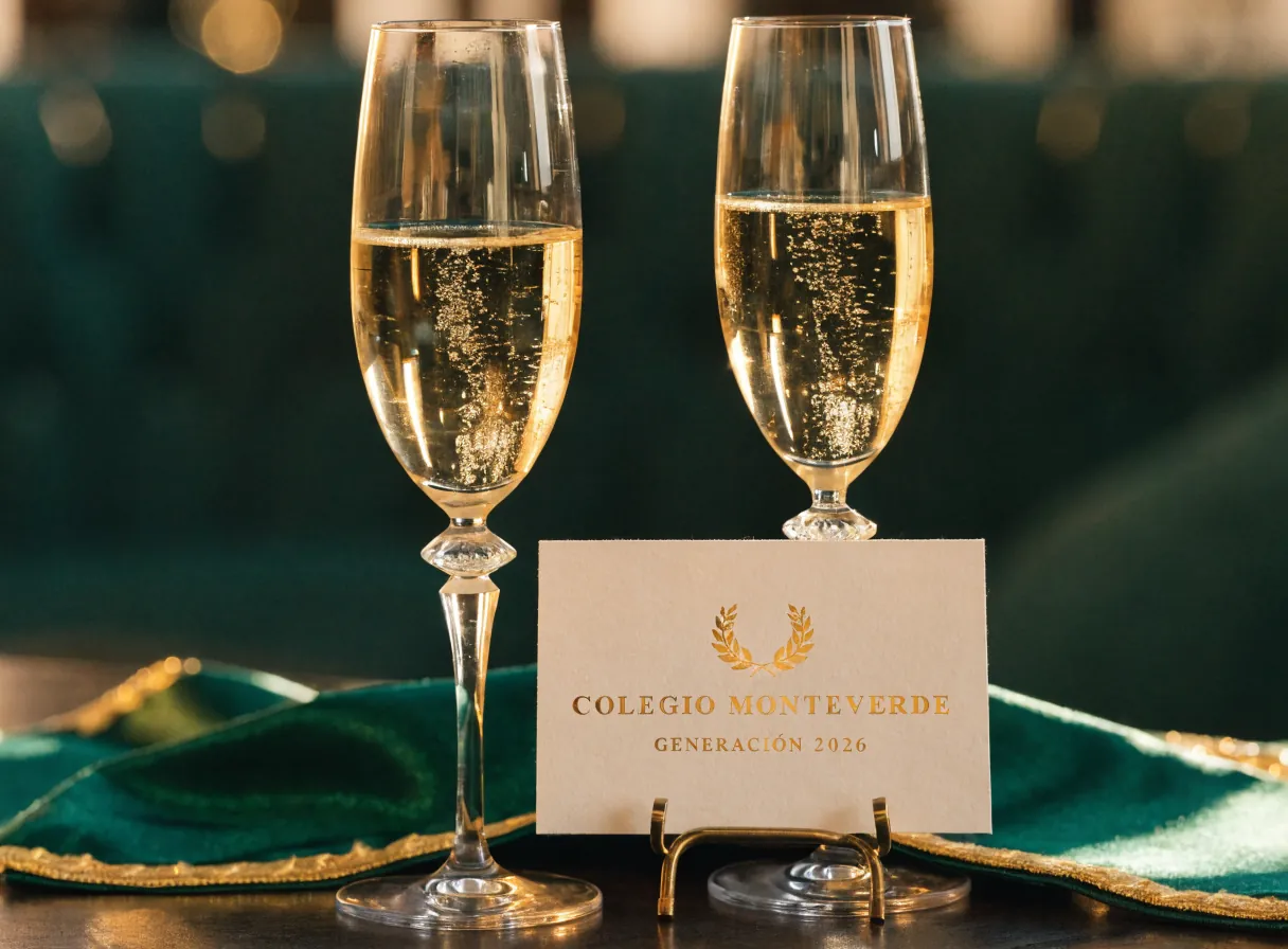dos copas de vino espumoso brindan en luz dorada junto a una tarjeta de anuncio con escudo de laurel en foil oro que dice Colegio Monteverde, Generación 2026, sobre una estola de satín verde bosque