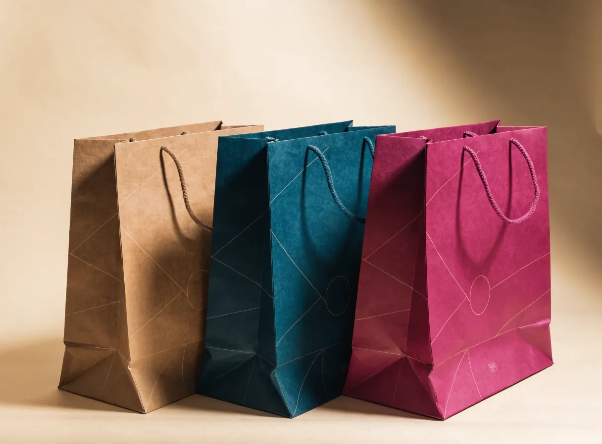 tres bolsas de regalo de temporada en kraft, verde azulado y magenta con un patrón geométrico
