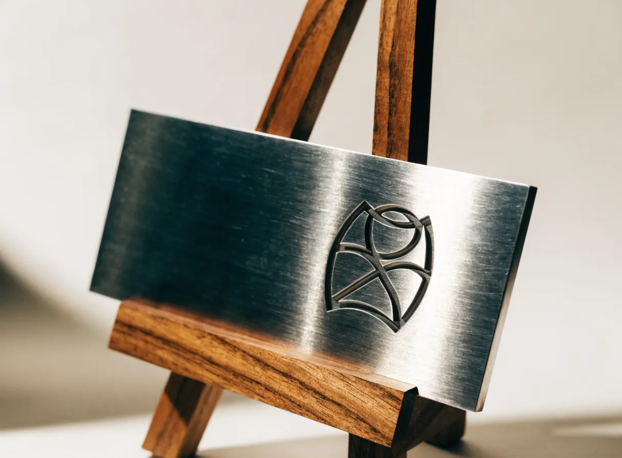 placa rectangular de acero cepillado apoyada en un caballete de madera, con un emblema de arcos entrelazados levantado en relieve sobre la superficie y la luz corriendo a lo largo del cepillado