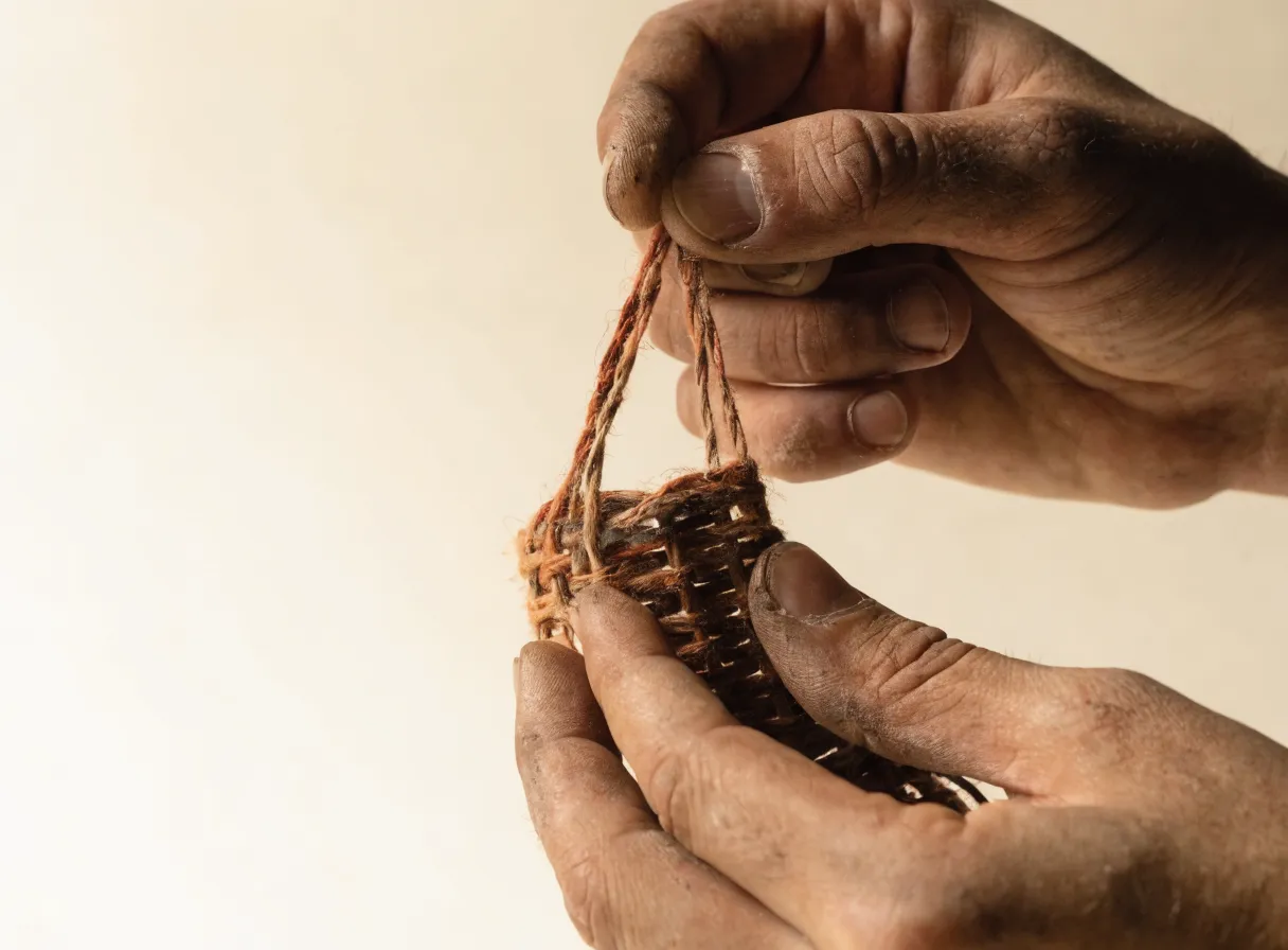 manos de artesano tejiendo a mano un pequeño cesto de fibra natural en tonos terracota y ocre