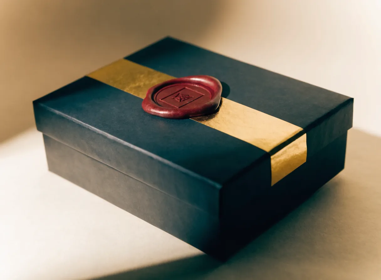 caja rígida negra con una banda de foil dorado y un sello de cera vino sobre la tapa