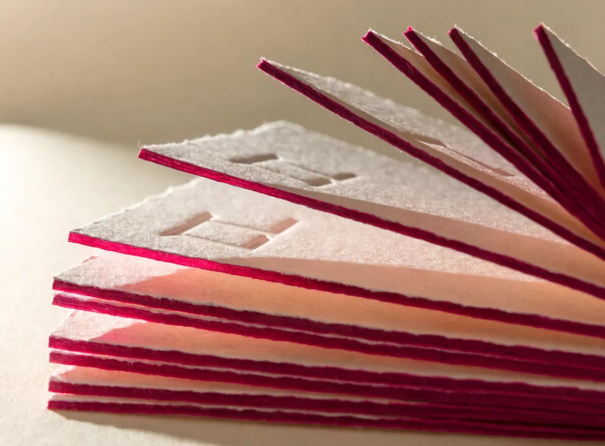 abanico de tarjetas de papel texturizado con orilla deckle, el canto de cada una pintado a mano en magenta y un troquelado geométrico en la tarjeta frontal, a contraluz