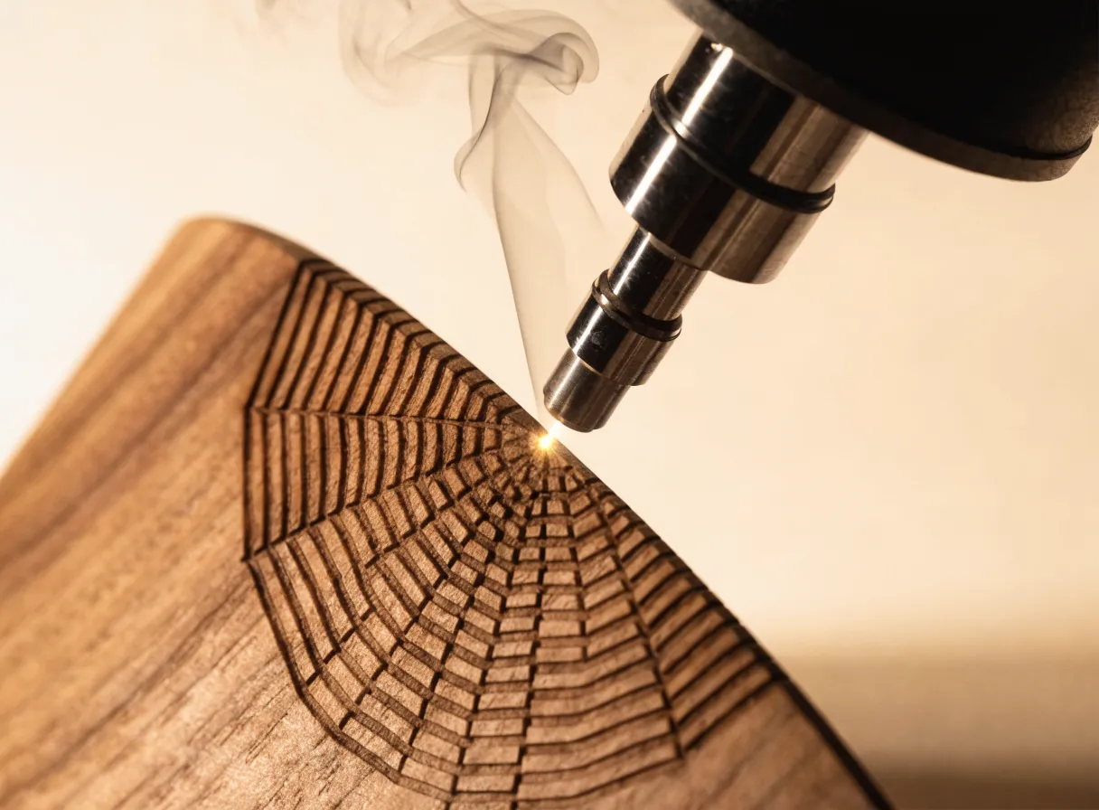 cabezal de grabado láser sobre una pieza curva de madera de nogal, un hilo de humo sube del punto encendido mientras traza un patrón radial en la veta