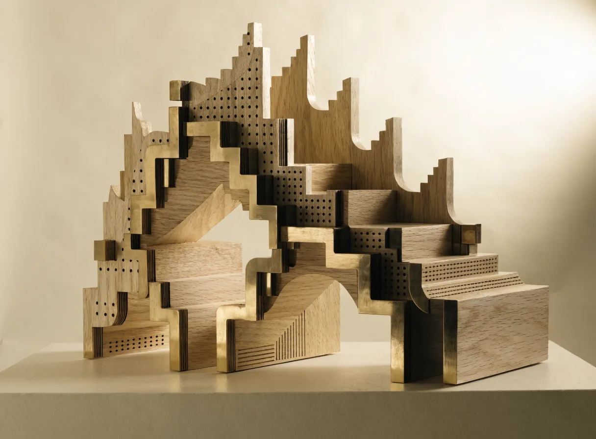 pieza escultórica de madera de roble y latón con cortes en CNC y láser sobre un pedestal