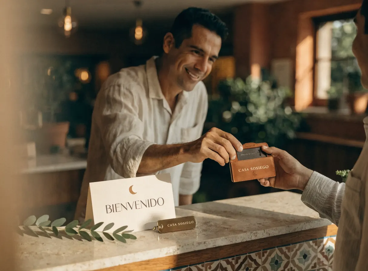 anfitrión de hotel sonriendo en la recepción de talavera y madera entrega el portallave de piel de la marca Casa Sosiego a la mano del huésped, con una tarjeta de bienvenida de luna creciente sobre la barra y el lobby cálido desenfocado al fondo