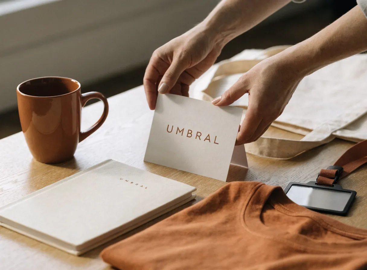 dos manos colocan una tarjeta de bienvenida doblada con la marca Umbral sobre un escritorio de roble, junto a una taza terracota, un cuaderno grabado, una playera doblada, un tote de lona y un gafete
