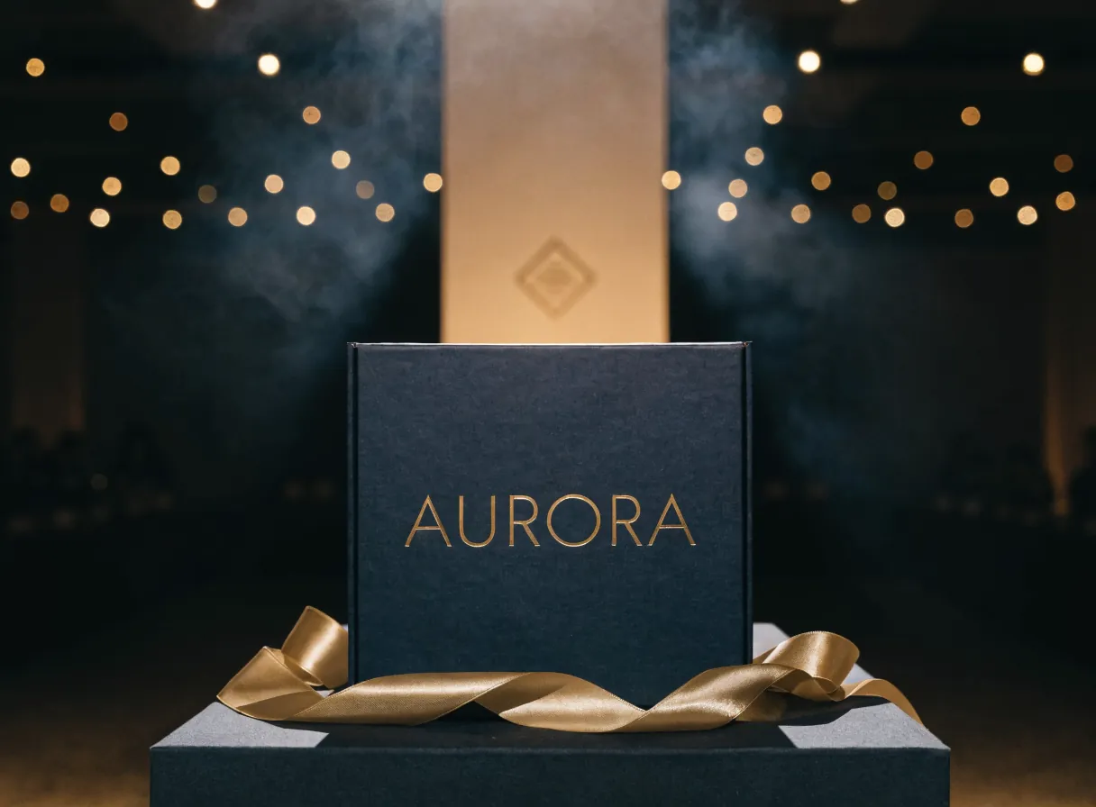 caja de estreno azul marino con la palabra Aurora en foil dorado sobre un pedestal, con un listón de raso dorado en remolino a sus pies y un banner de emblema dorado bajo el reflector, mientras las luces de serie y el público desenfocado llenan la sala de premiere