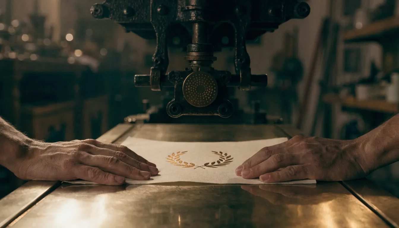 dos brazos descansan sobre la platina de latón de una prensa de foil, y sobre una hoja de papel crema una corona de laurel recién sellada brilla en foil de oro, con el cabezal de hierro negro de la máquina encima y un taller cálido y desenfocado al fondo