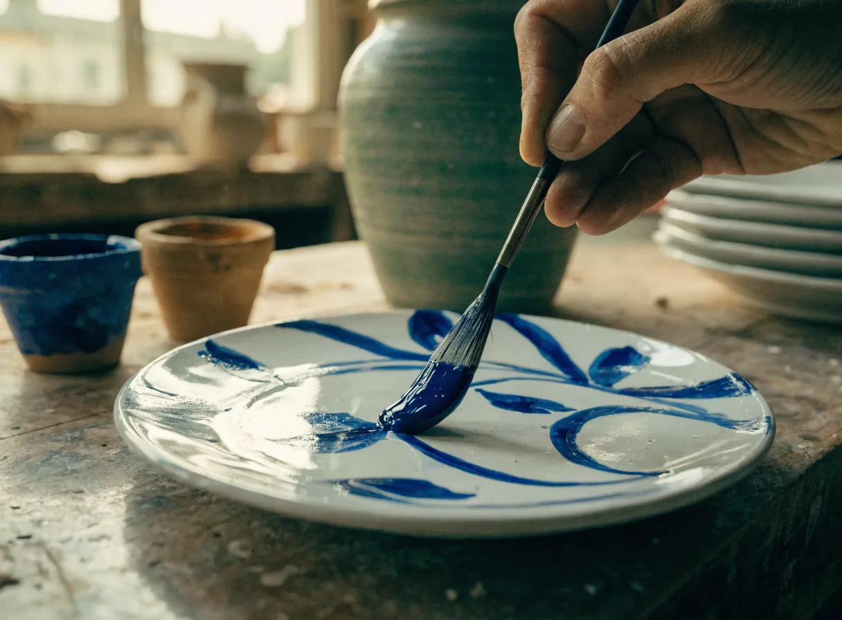 una mano pinta a mano un motivo floral en azul cobalto sobre un plato de talavera de esmalte blanco, con una jarra de barro y una pila de platos al fondo bajo luz de ventana