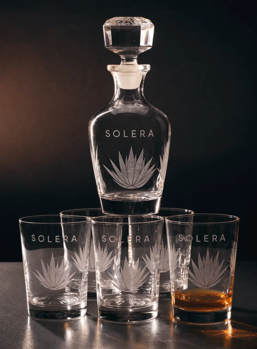 garrafa y cuatro vasos de cristal grabados con la marca SOLERA y un agave, uno con licor ámbar servido, sobre una mesa oscura