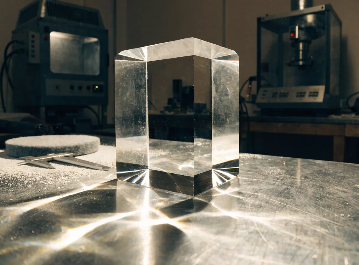 un bloque de cristal óptico transparente sobre una mesa de acero rayada en un taller, con hornos de recocido al fondo y destellos de luz refractada en el metal
