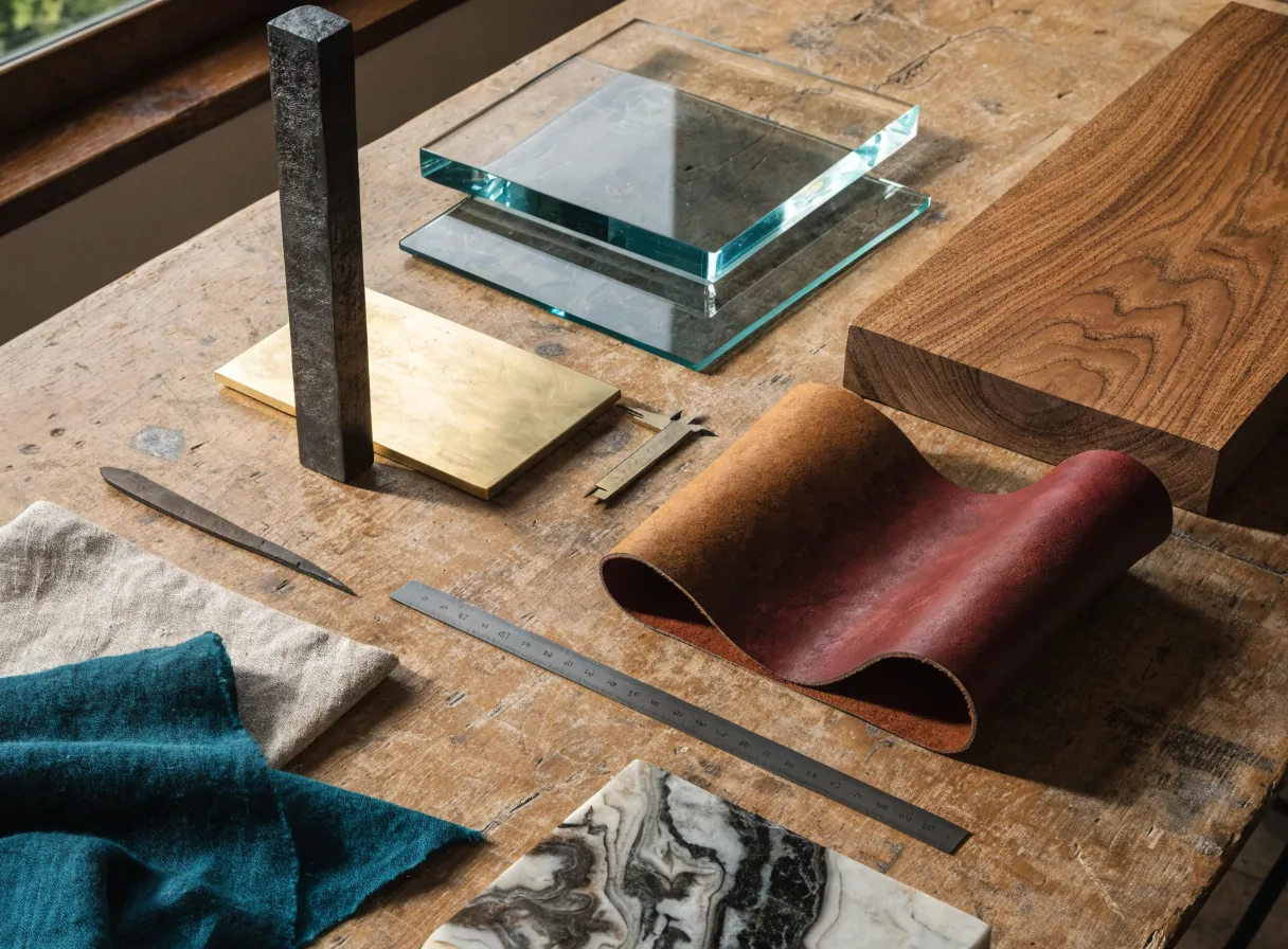 muestrario de materiales sobre la mesa de un taller con luz de ventana: un tablón de nogal veteado, una placa de latón dorado, dos vidrios apilados, un cuero enrollado en vino y caramelo, telas de lino y azul índigo, una columna de piedra oscura y una placa de mármol veteado en gris, con una regla de acero, un calibre y un punzón alrededor
