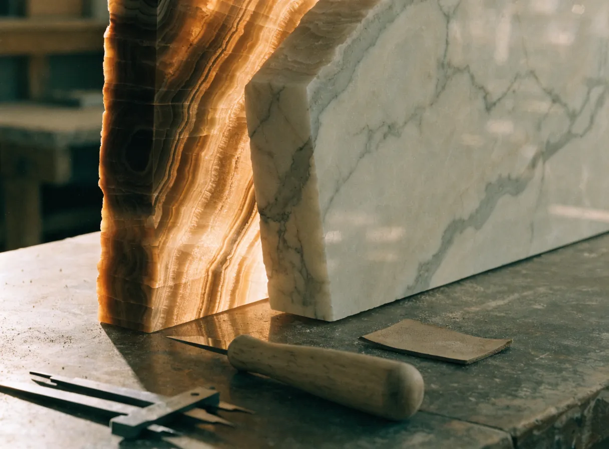 dos losas de piedra de pie sobre un banco, una de ónix ámbar translúcido con bandas y otra de mármol blanco de vetas grises, con un calibrador y un cincel de mango de madera al lado