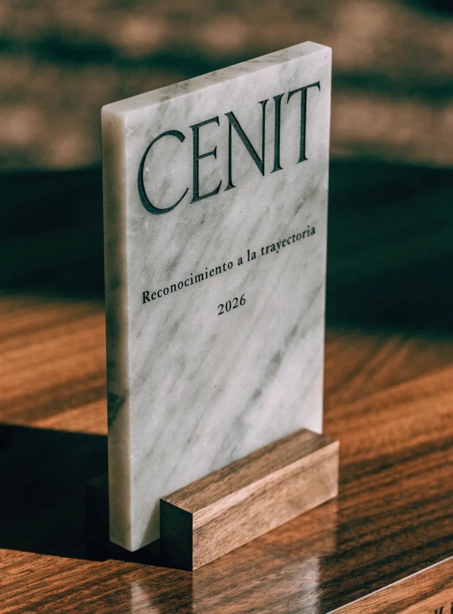 placa vertical de mármol blanco con vetas grises, grabada con la palabra CENIT y la leyenda Reconocimiento a la trayectoria 2026, sostenida en una base de madera sobre una mesa oscura