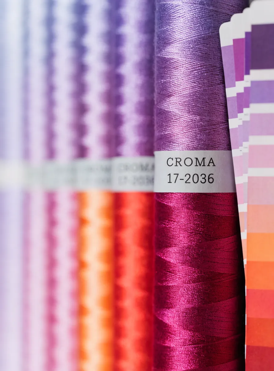 conos de hilo teñidos en degradado con un cono magenta al frente etiquetado CROMA 17-2036, junto a un abanico de muestras de color