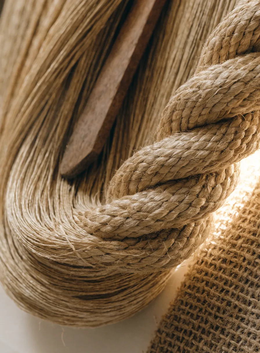 fibra de henequén de agave en hebras doradas junto a un cordón trenzado a mano y un tejido natural áspero, con una herramienta de madera
