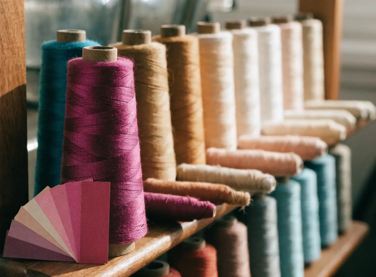 una fila de conos de hilo sobre un rack de madera, un cono magenta al frente entre conos crema, tabaco y azul, con un abanico de muestras de color en tonos rosa recargado al frente