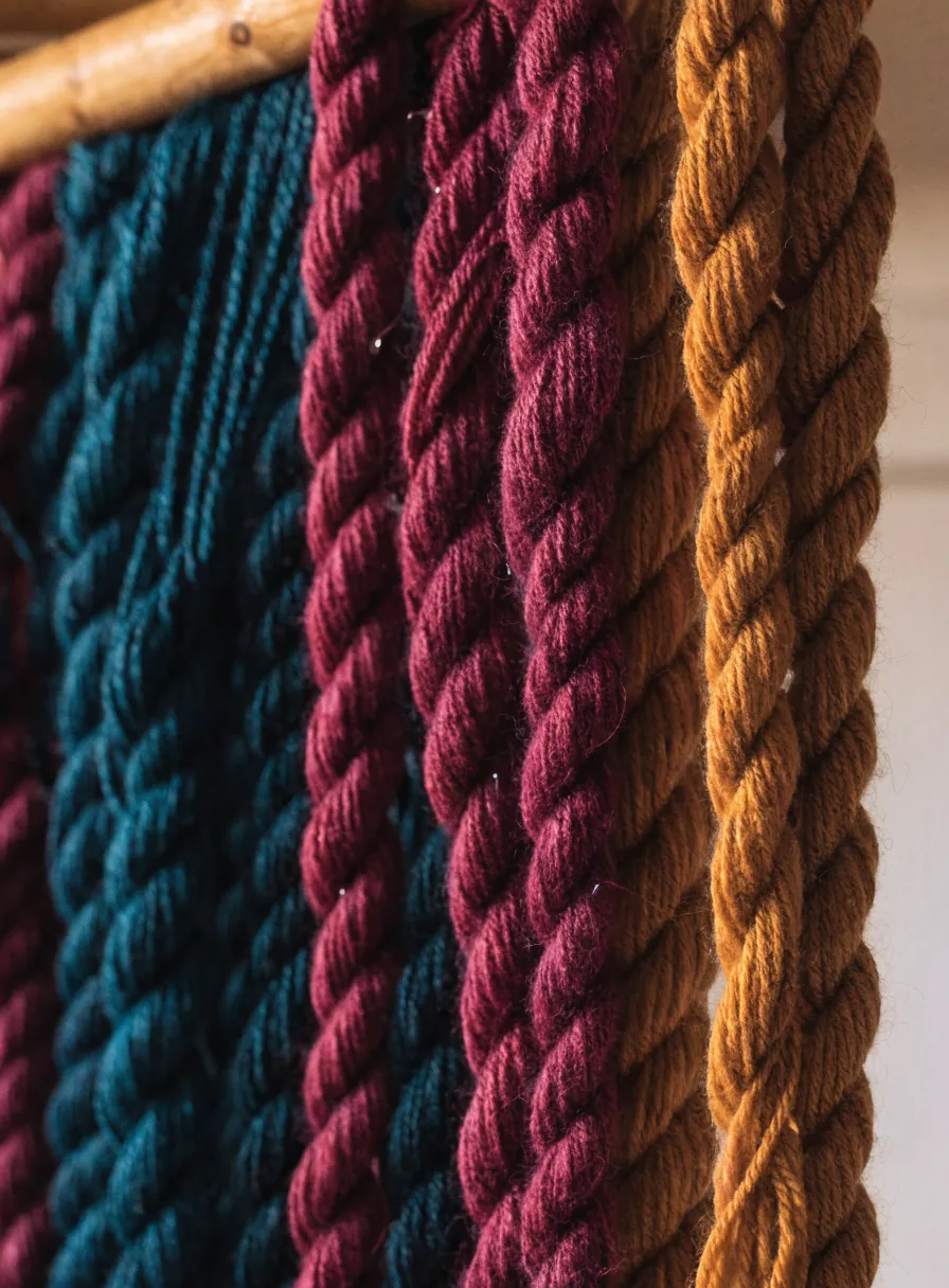 madejas de lana teñidas a mano en magenta, ocre y azul profundo colgadas de una vara de madera para secar