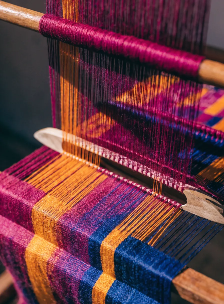 telar de cintura a medio tejer con hilos teñidos en magenta, azafrán e índigo formando bandas geométricas, con la lanzadera de madera en el paso
